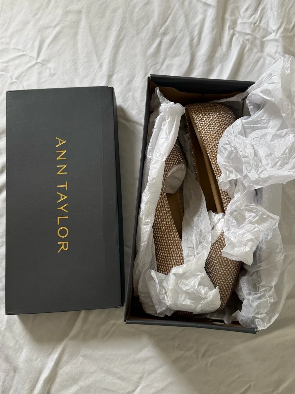 NIB Ann Taylor Woven Pointy Toe Kitten Heel Metallic Straw, Size 8.5